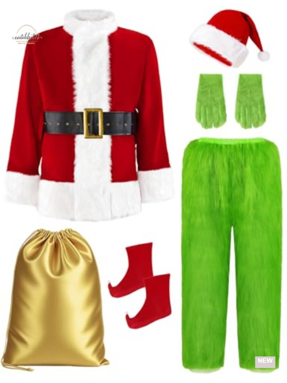 Men's Santa Costume Set Jumpsuit Cosplay Furry Mask Belt Hat Set
